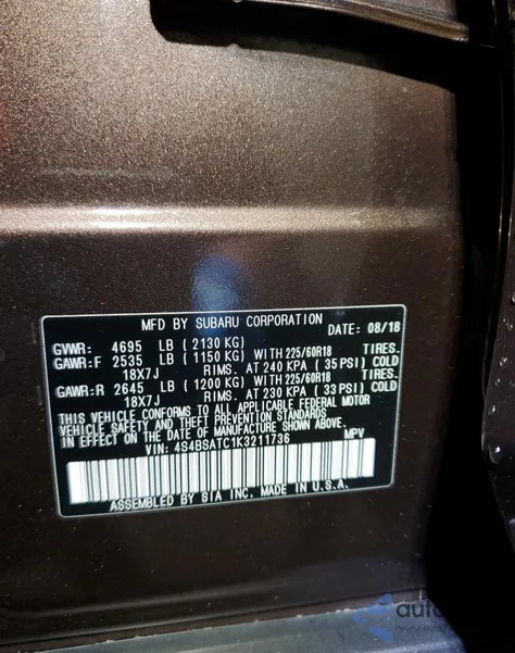 2019 Subaru Outback Touring z USA, uszkodzony, nr VIN 4S4BSATC1K3211736